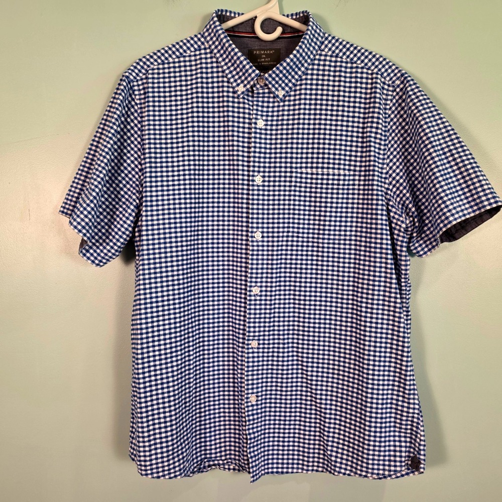 Primark Mens 2XL Slim Fit Blue White Gingham Cotton Short Sleeve Button Down
